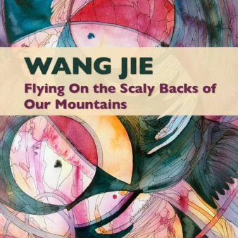 Abstract colorful artwork with text about Wang Jie and mountains.